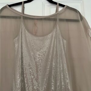 Gorgeous gray dress with sequin bodice & sheer see-thru overlay.
